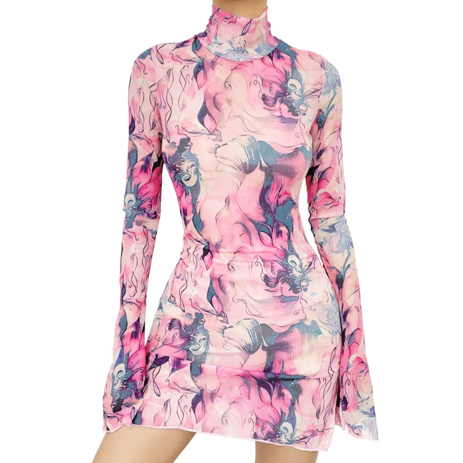 Ladies Mesh Printed Dress High Street Slim Elastic Round Neck Bell Sleeve Side Open Hip