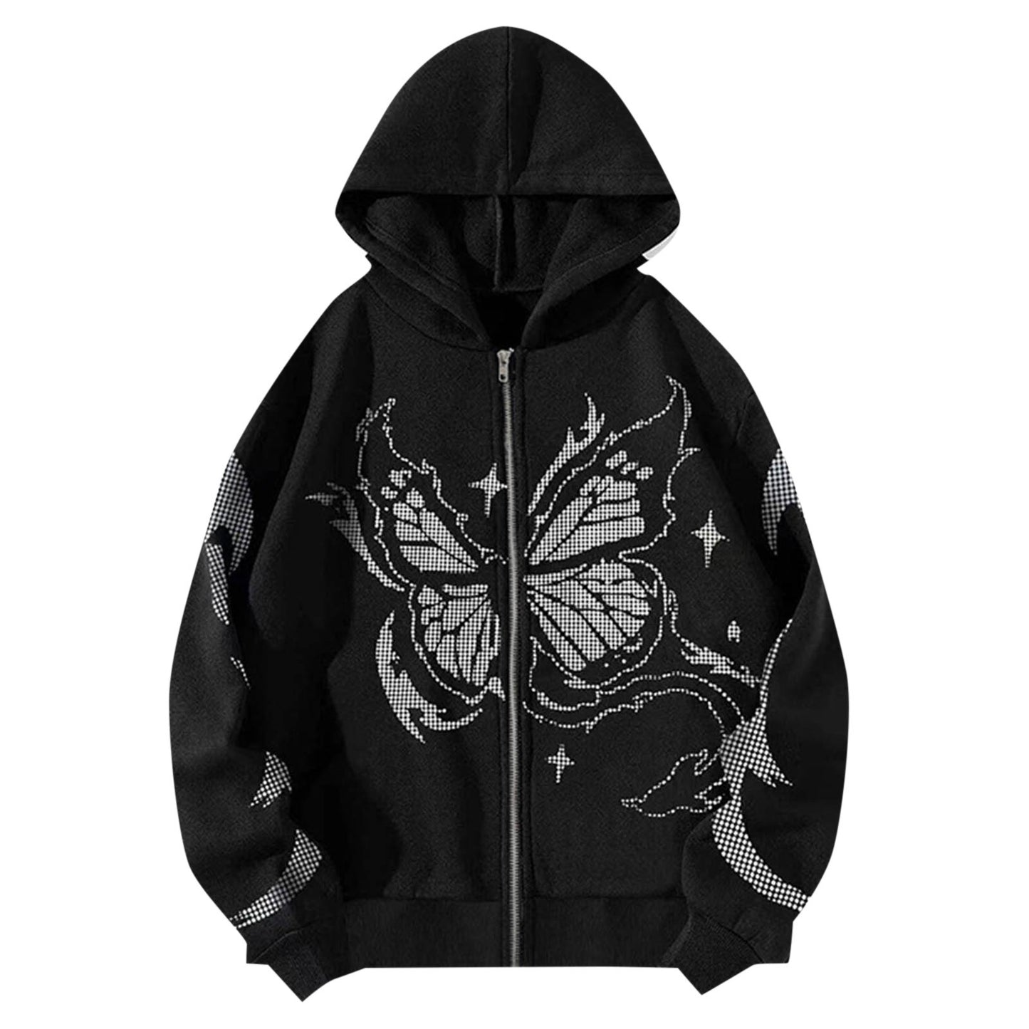 Gothic Black Zip Up Oversize Butterfly Print Loose Lovers Wear Hoodie