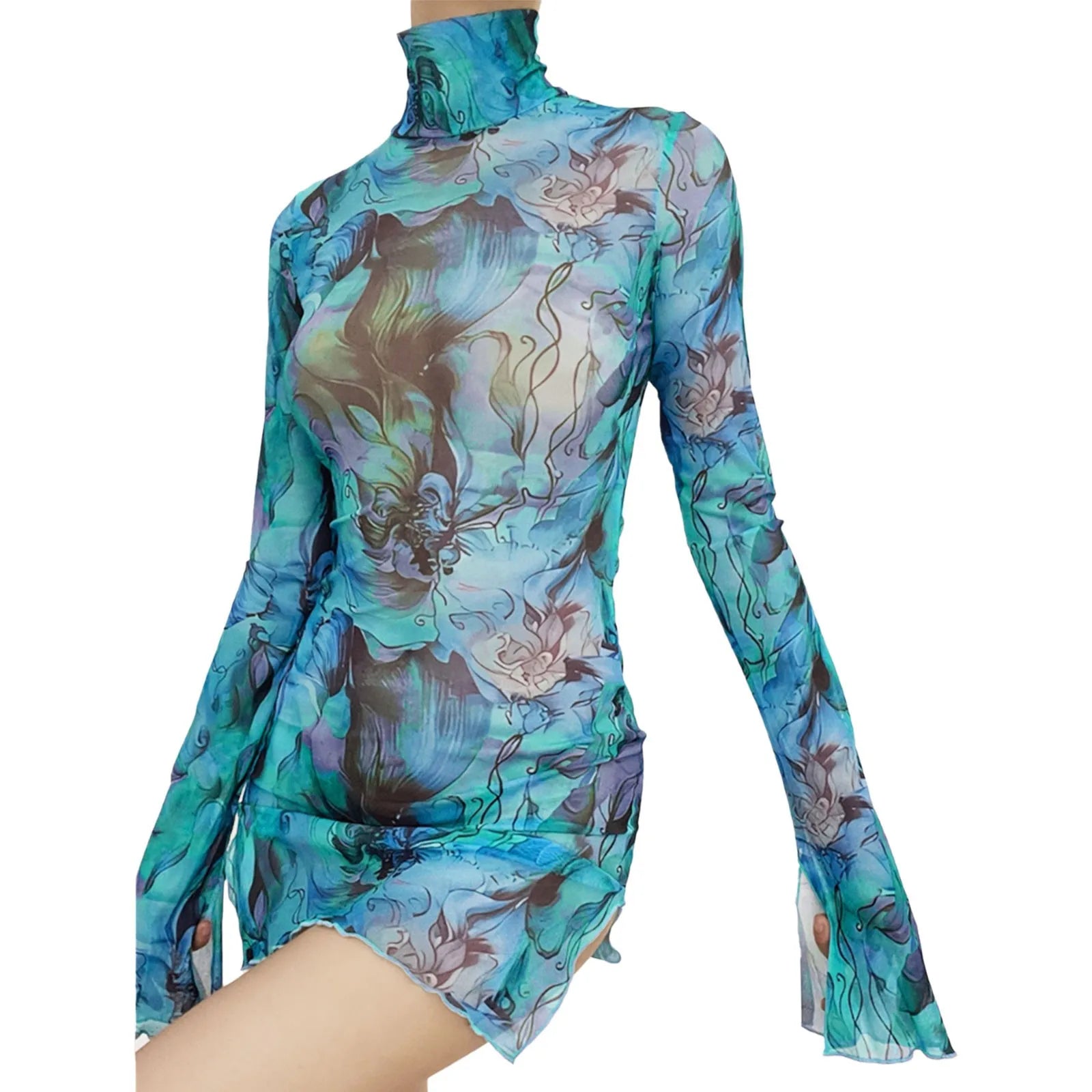 Ladies Mesh Printed Dress High Street Slim Elastic Round Neck Bell Sleeve Side Open Hip