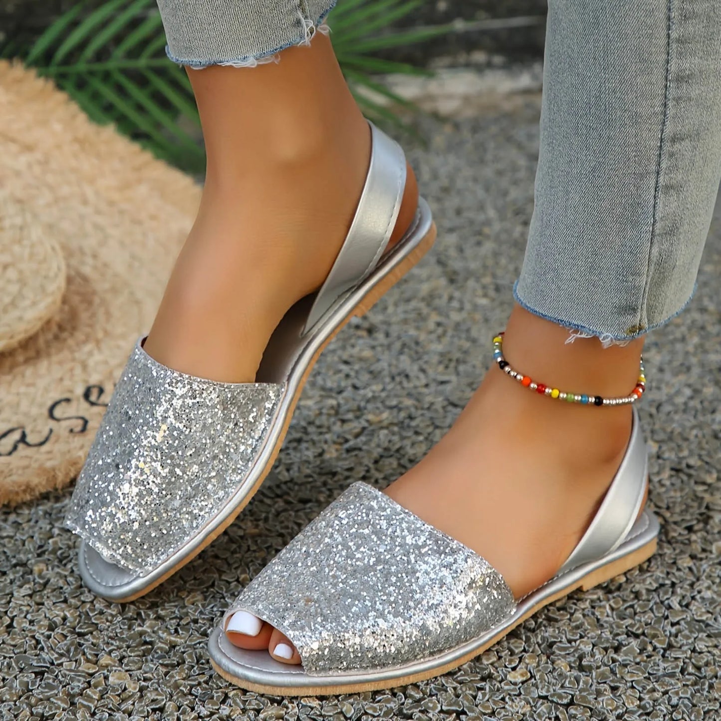 Sequined Flat Fish Mouth Sandals Women