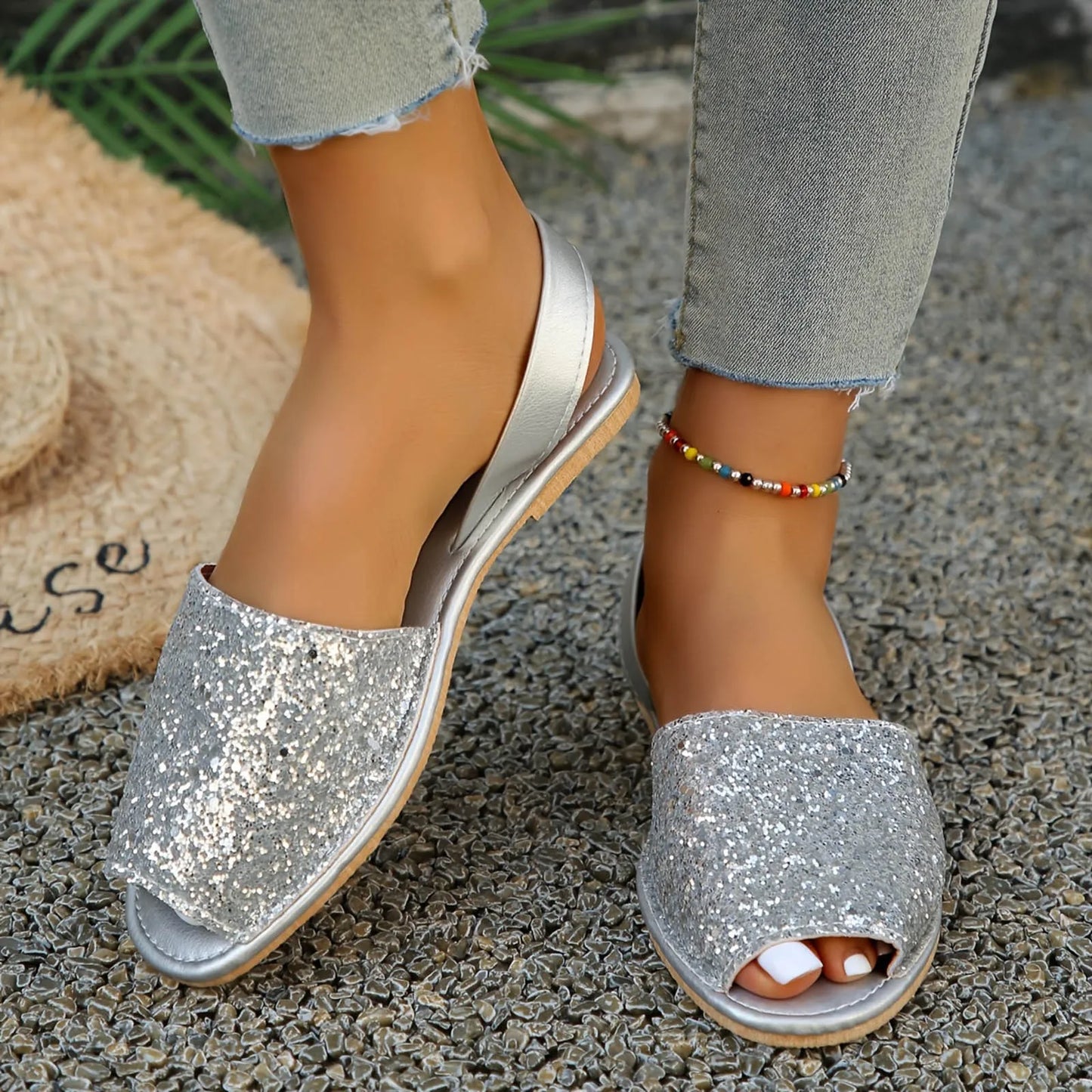 Sequined Flat Fish Mouth Sandals Women