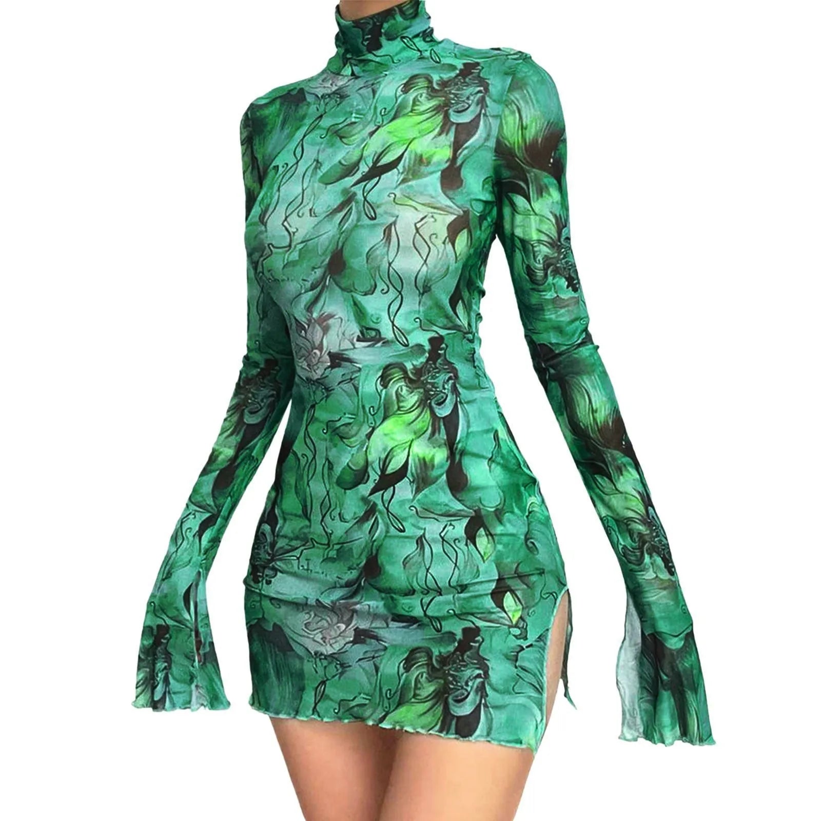Ladies Mesh Printed Dress High Street Slim Elastic Round Neck Bell Sleeve Side Open Hip