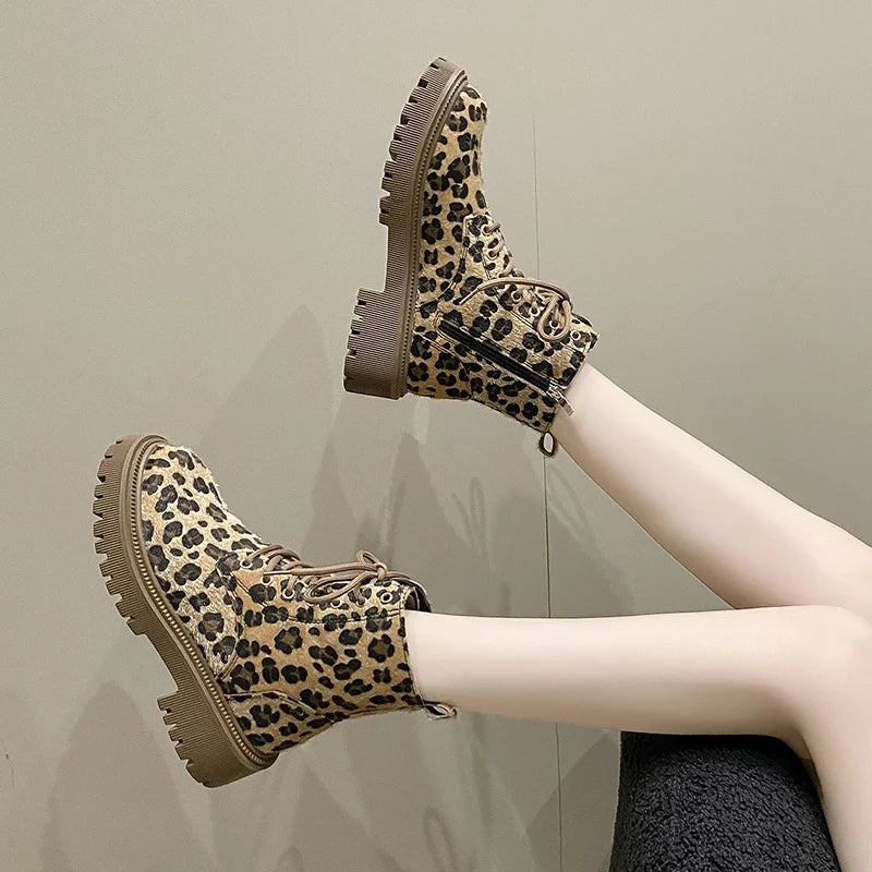 Leopard Print Fashion Lace Up Round Toe Short Barrel Chunky Heels Zipper Plus Size Boots