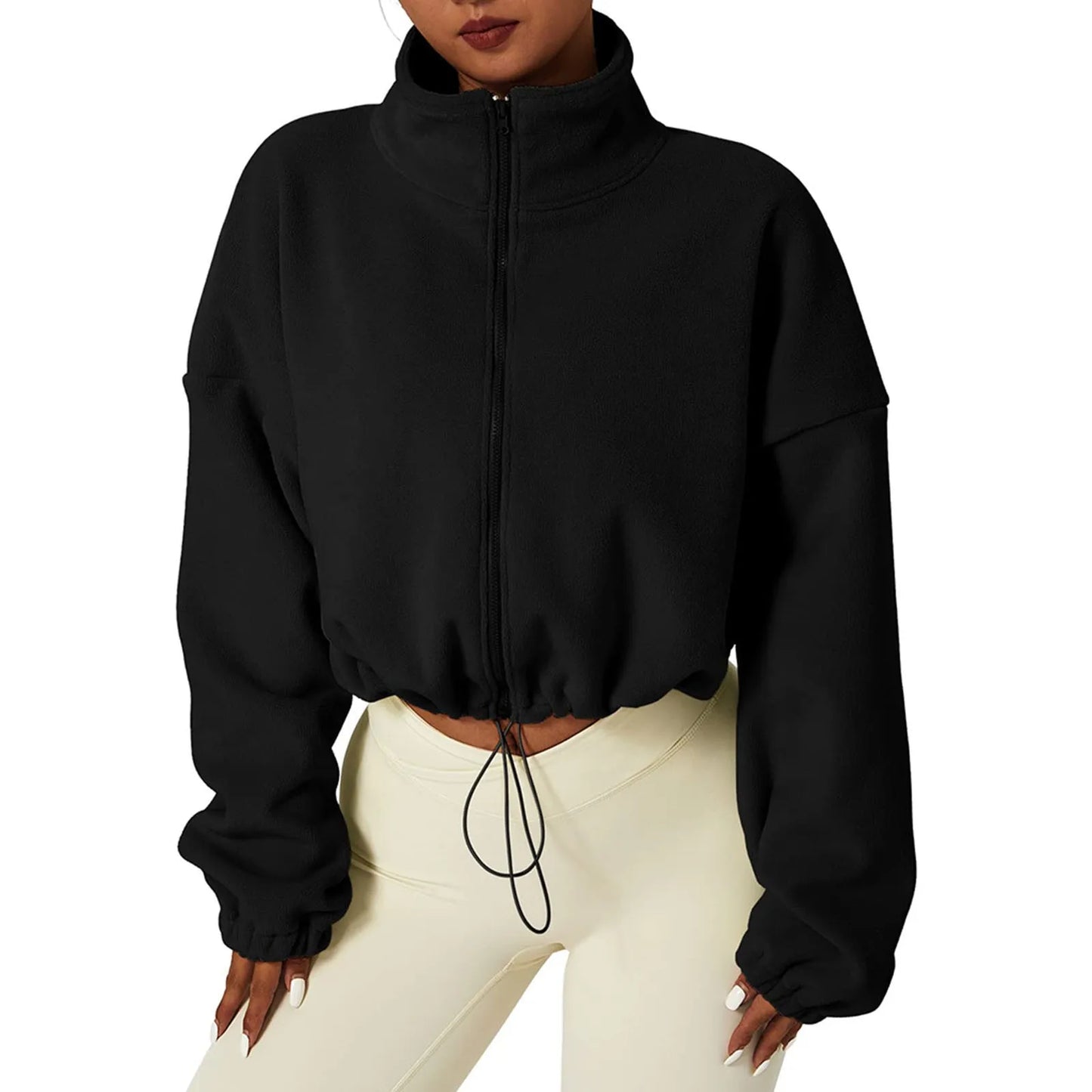 Women's Fleece Full Zip Oversized Crop Sweatshirt Long Sleeve