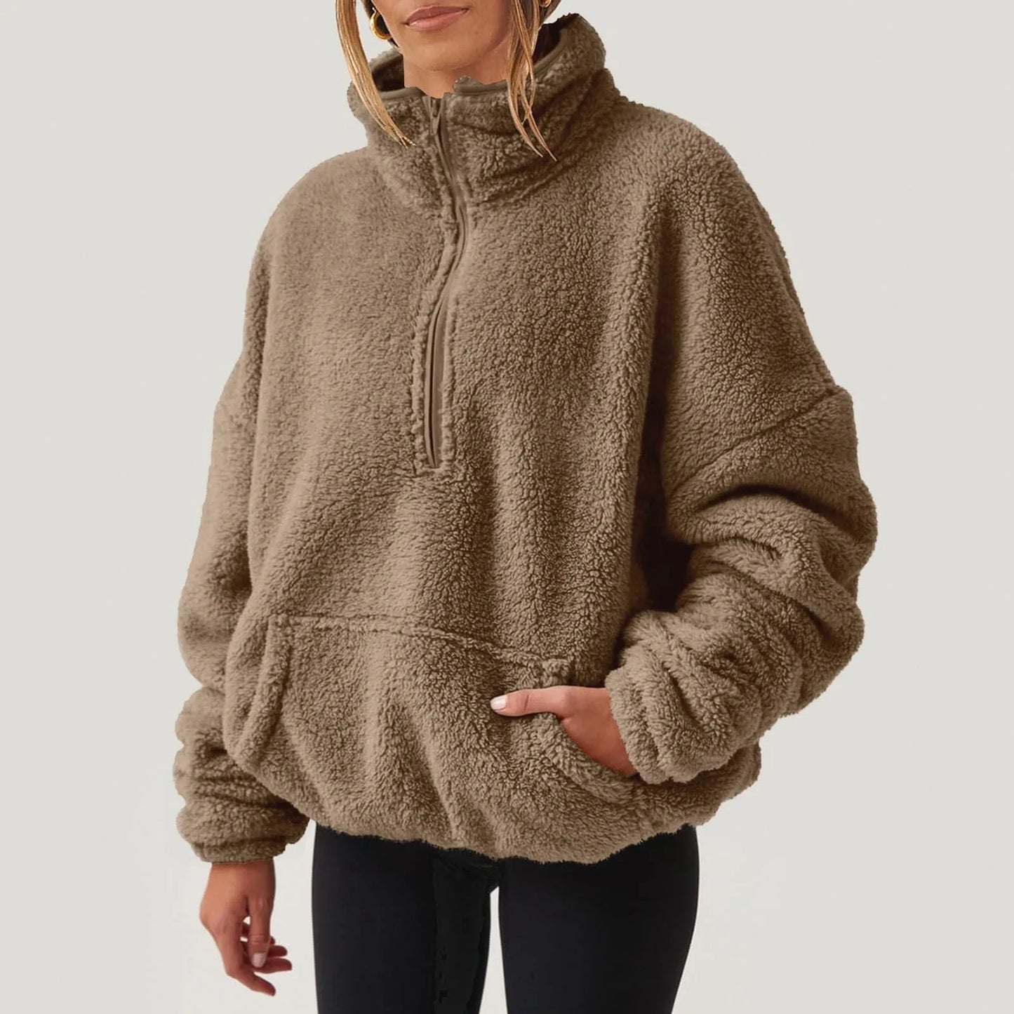 Fuzzy Quarter Zip Sweatshirt Women Trendy Casual Zipper Pullover Fleece Sweatshirts Long Sleeve Winter Outfits Cute Fashion