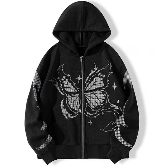 Gothic Black Zip Up Oversize Butterfly Print Loose Lovers Wear Hoodie