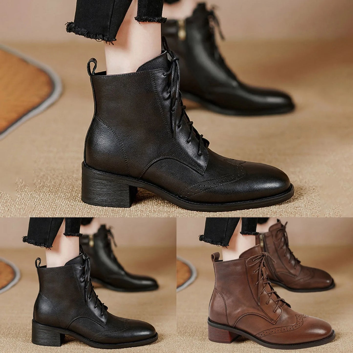 Zipper Thick Heel Snowy Villi Leather Short Boots