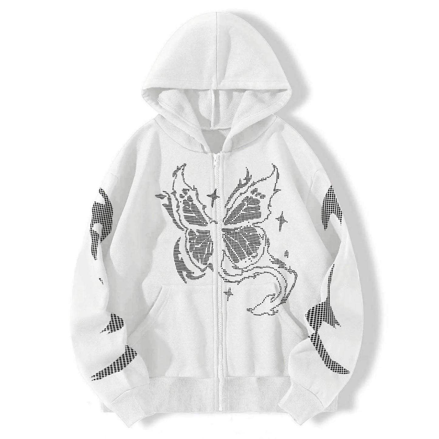 Gothic Black Zip Up Oversize Butterfly Print Loose Lovers Wear Hoodie