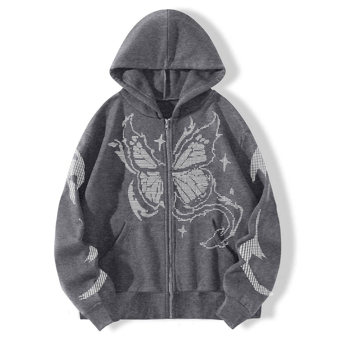 Gothic Black Zip Up Oversize Butterfly Print Loose Lovers Wear Hoodie