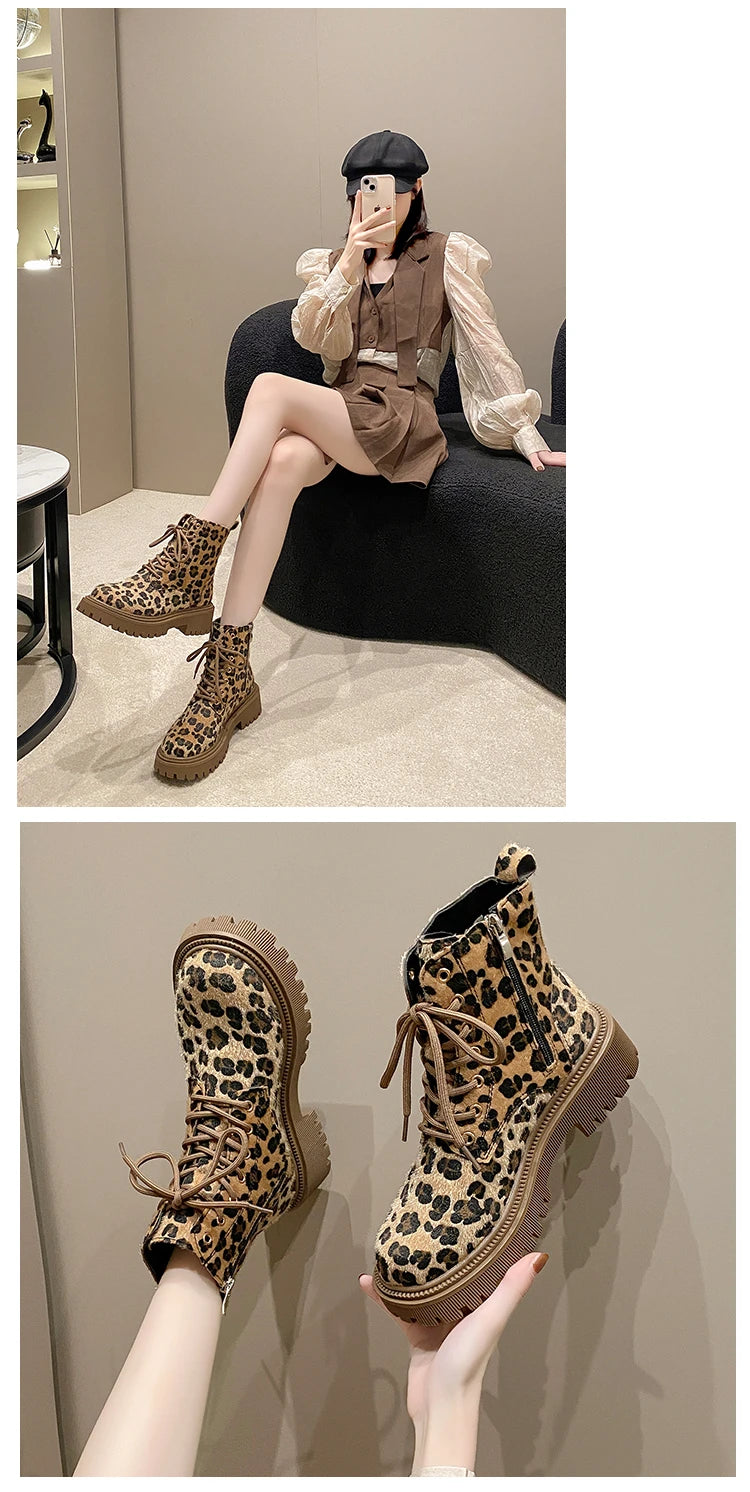 Leopard Print Fashion Lace Up Round Toe Short Barrel Chunky Heels Zipper Plus Size Boots