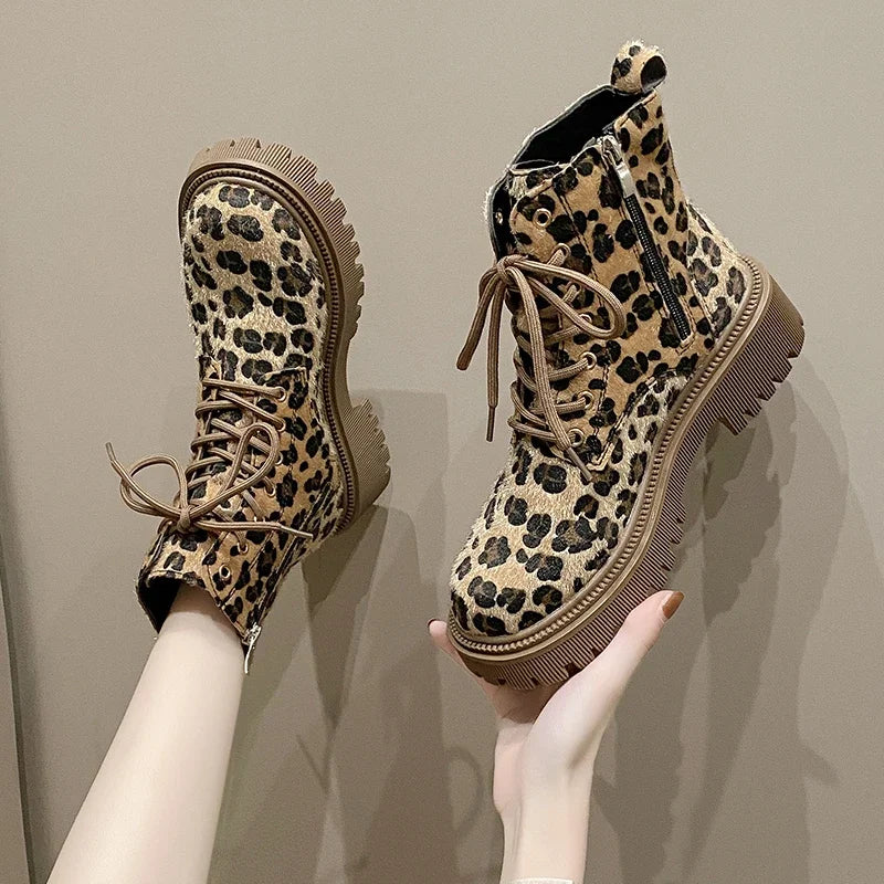 Leopard Print Fashion Lace Up Round Toe Short Barrel Chunky Heels Zipper Plus Size Boots