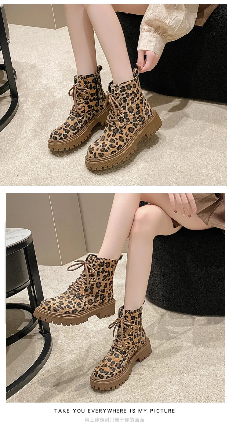 Leopard Print Fashion Lace Up Round Toe Short Barrel Chunky Heels Zipper Plus Size Boots