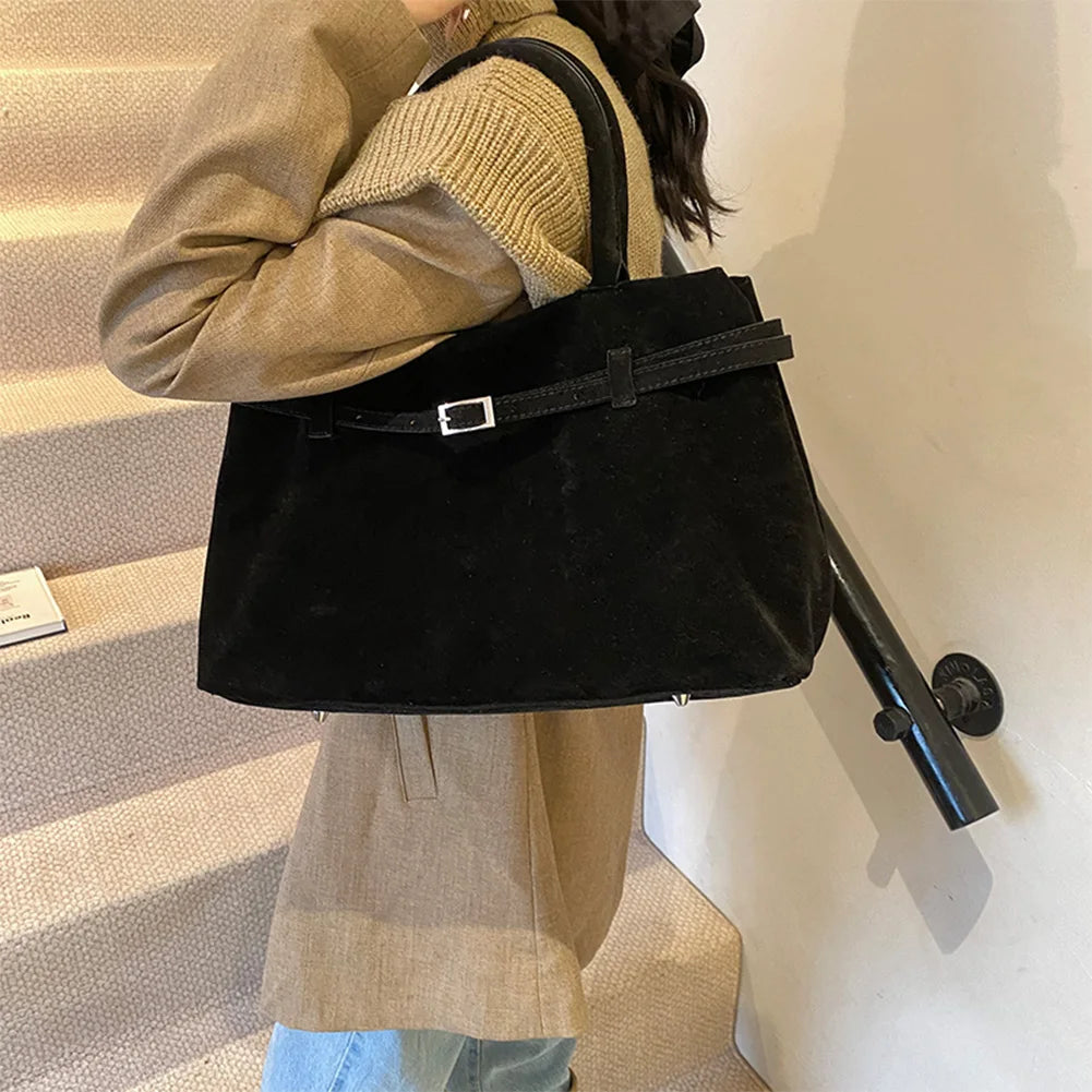 Buckle Decorative Design Faux Suede Handbag Women Shoulder Casual Tote Crossbody Bag Large Capacity Fashion Classic Versatile