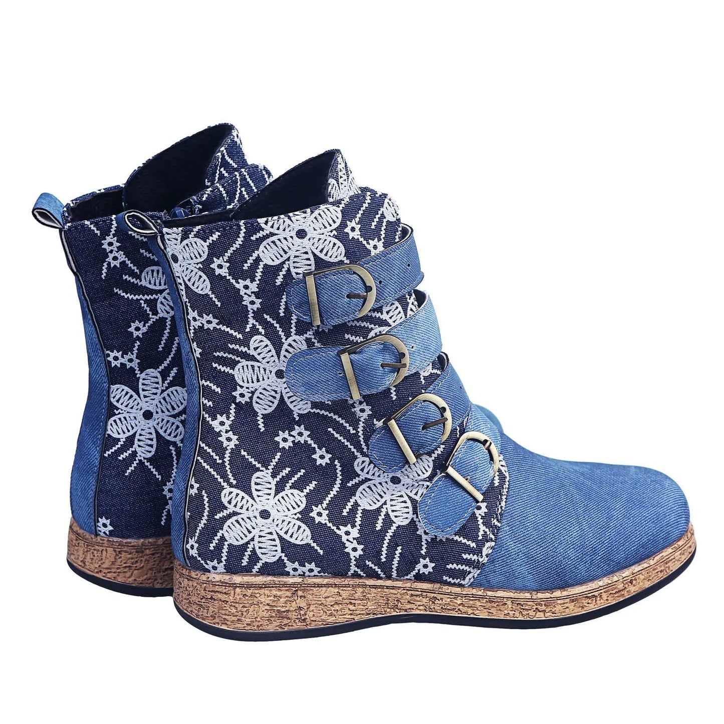 Flat Retro Round Head Zipper Boot with Flowers Warm Embroidery