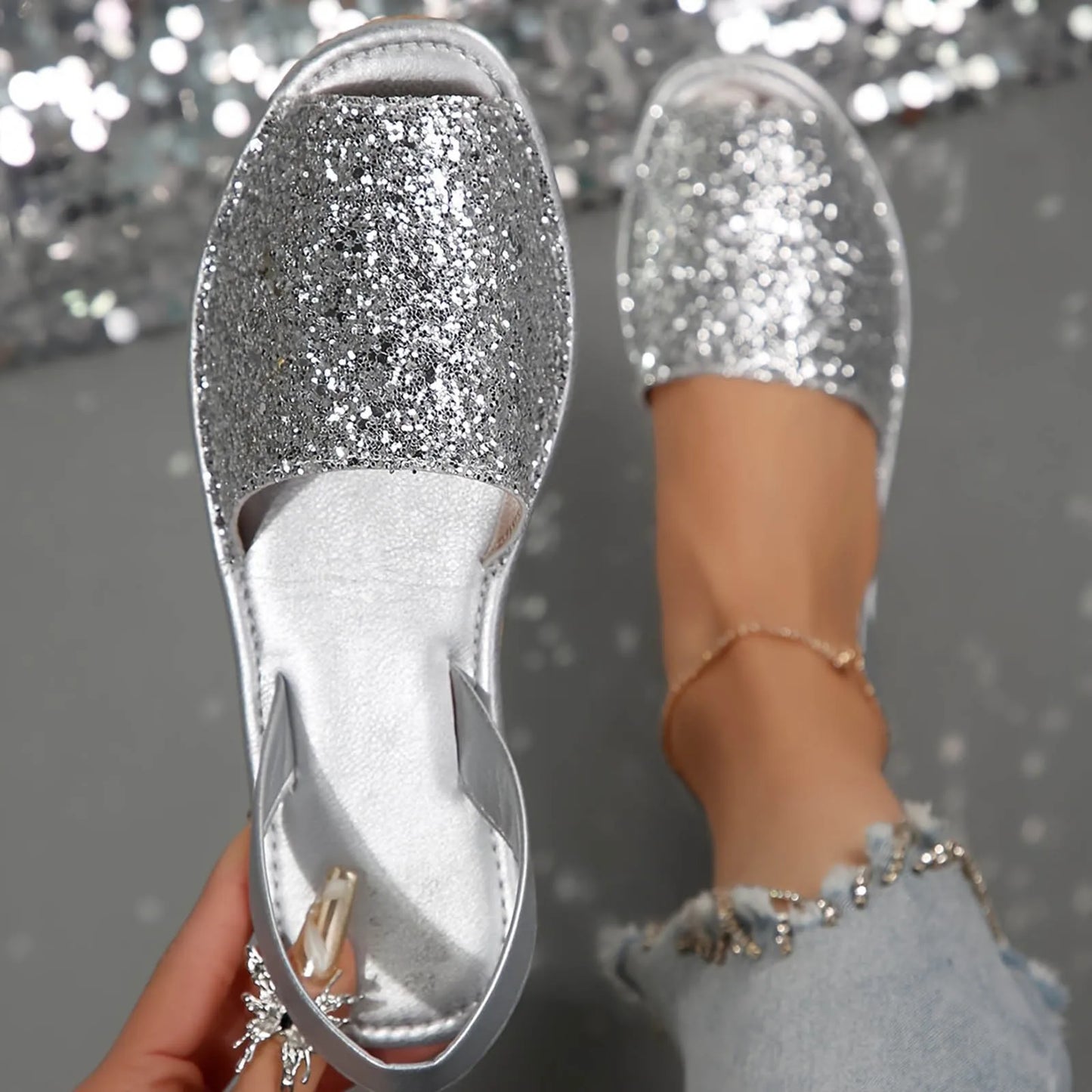 Sequined Flat Fish Mouth Sandals Women