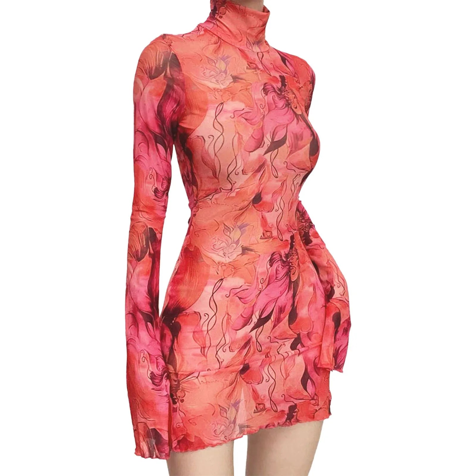 Ladies Mesh Printed Dress High Street Slim Elastic Round Neck Bell Sleeve Side Open Hip