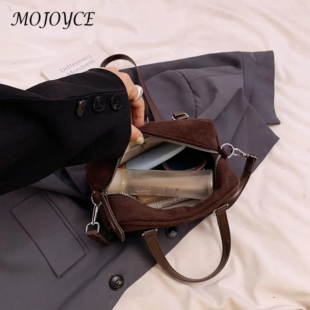 Women Suede Shoulder Bag Adjustable Strap Boston Bag with Interior Pocket Top Handle Bag Zipper for Work Travel