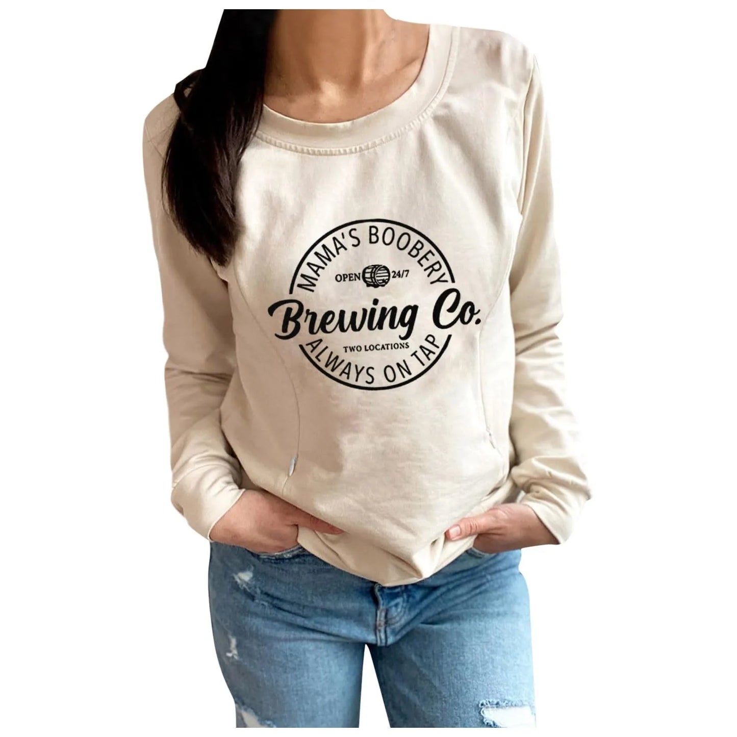 Letter Print Maternity Nursing Sweatshirt Women Comfort Friendly Zip Breastfeeding Pullover Tops Mama'S Boobery Sweater