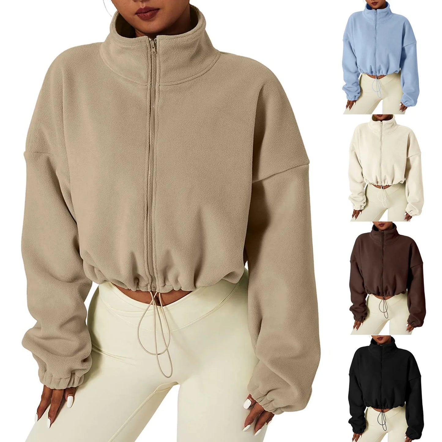 Women's Fleece Full Zip Oversized Crop Sweatshirt Long Sleeve