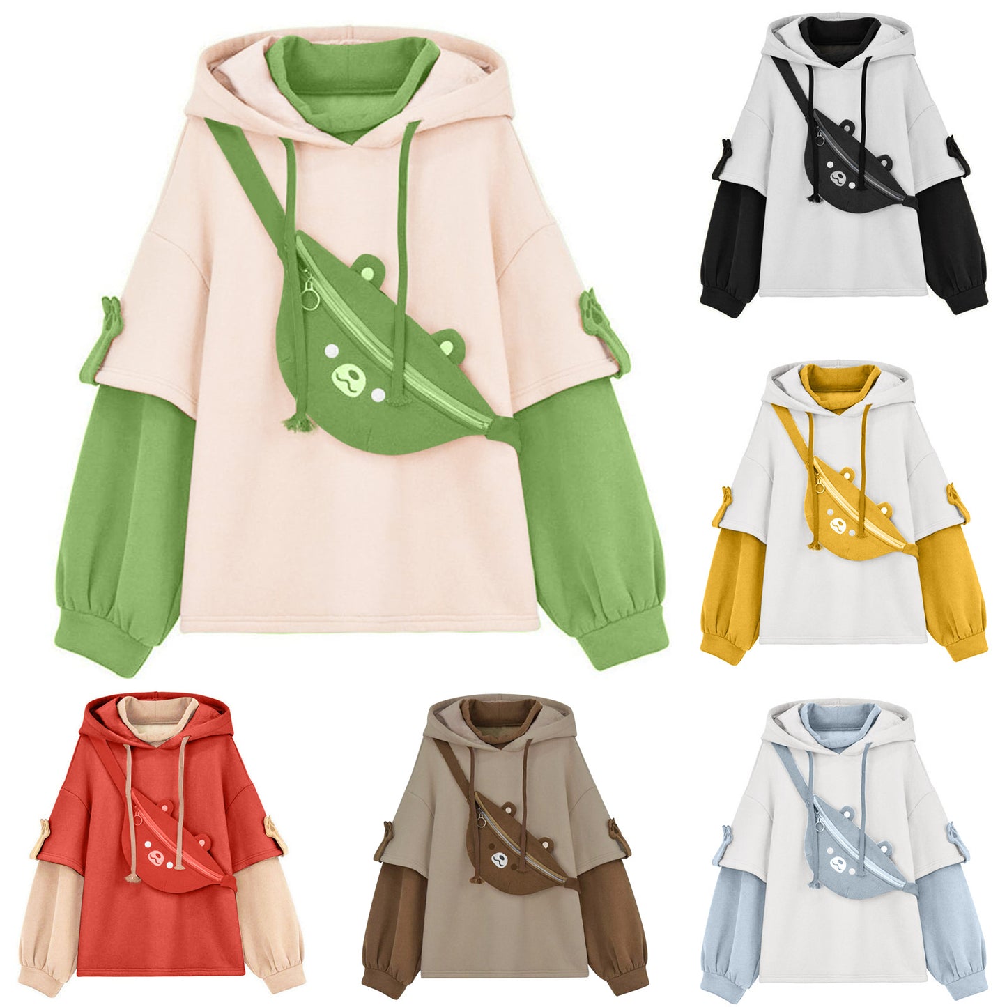 Kawaii Cute Oversize Hoodie With Bear Bag Womens Streetwear Aesthetic Hoodies