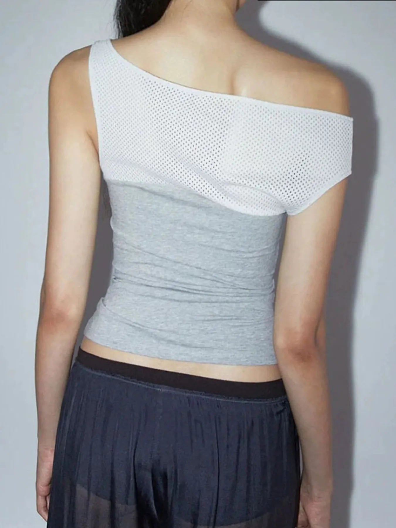 Asymmetric One-Shoulder Mesh Panel T-Shirt.