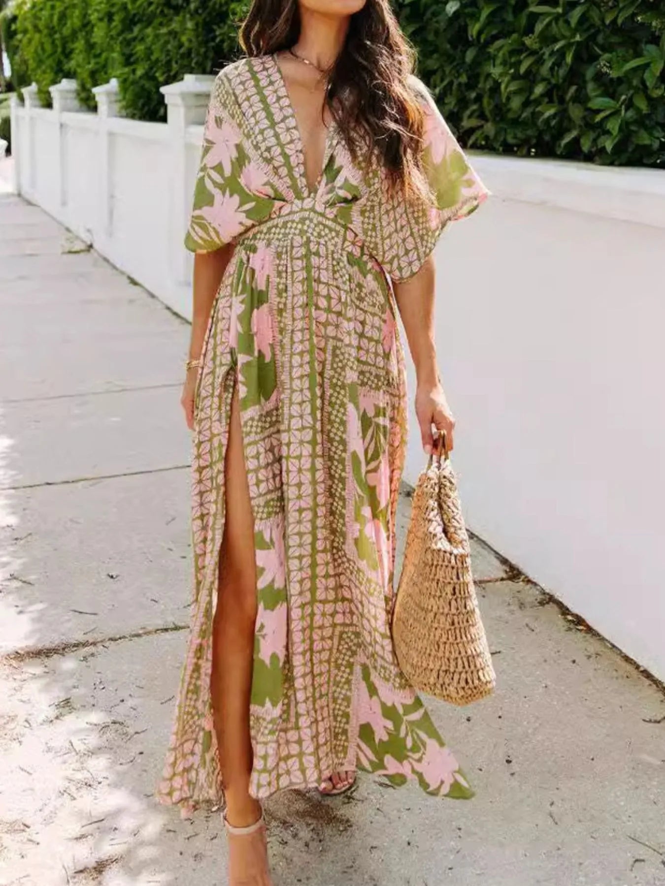 Floral Deep V-Neck Flutter Sleeves Dress.