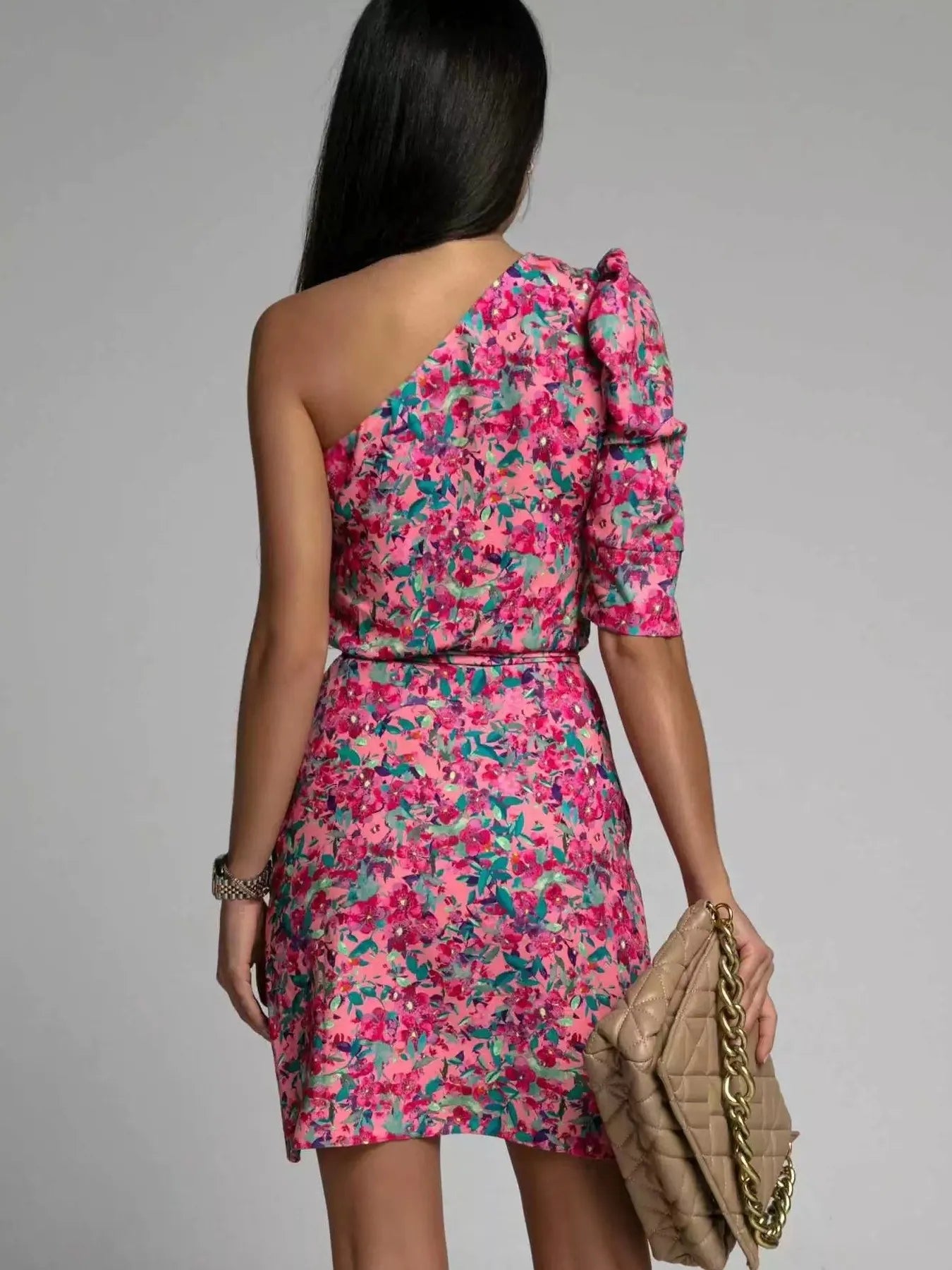 Printed One Shoulder Mini Dress.