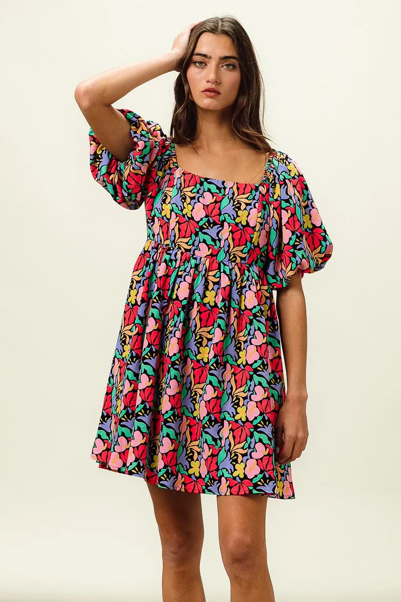 BiBi Floral Print Puff Square Neck Dress Trendsi