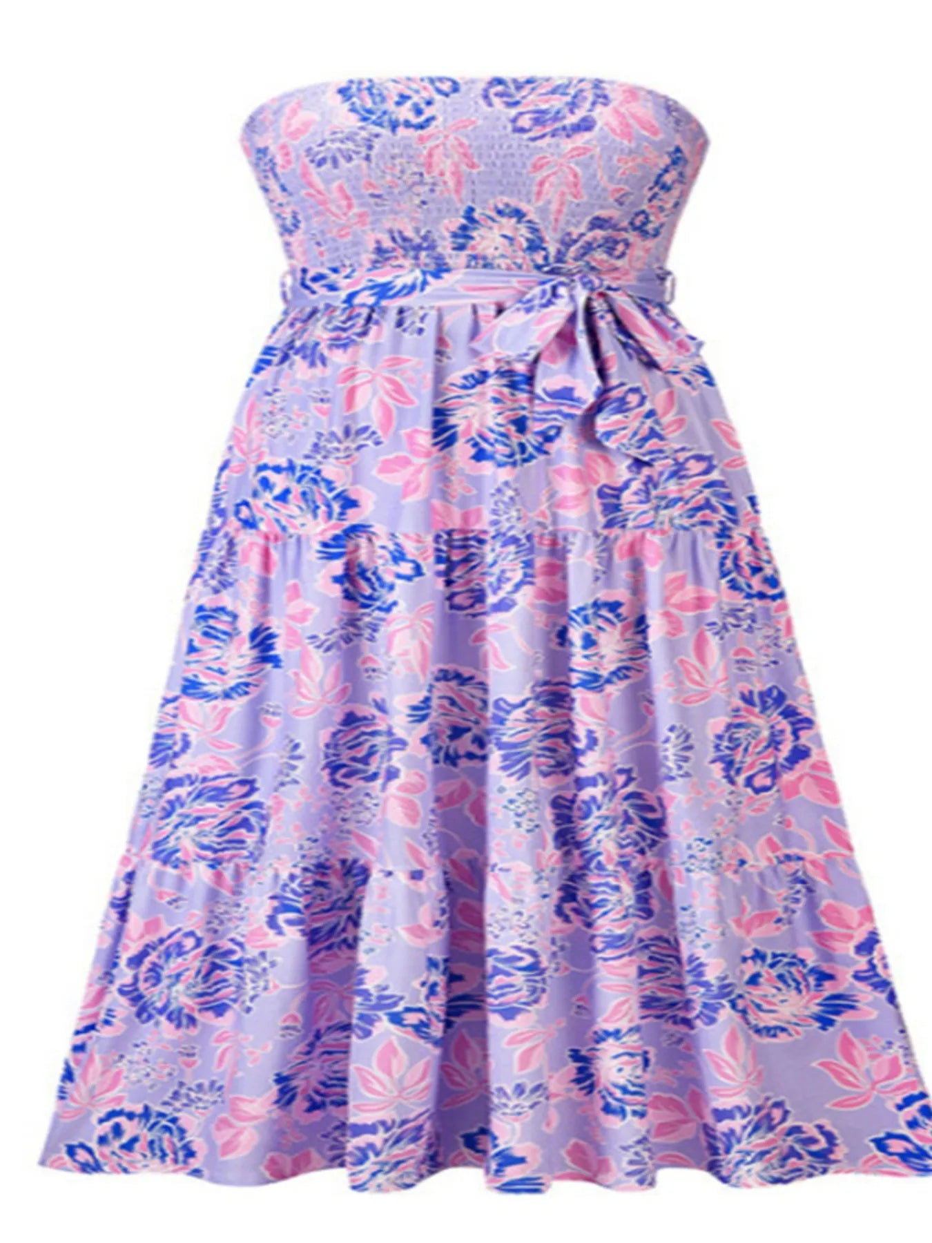 Floral Strapless Tiered Maxi Dress with Tie Belt.