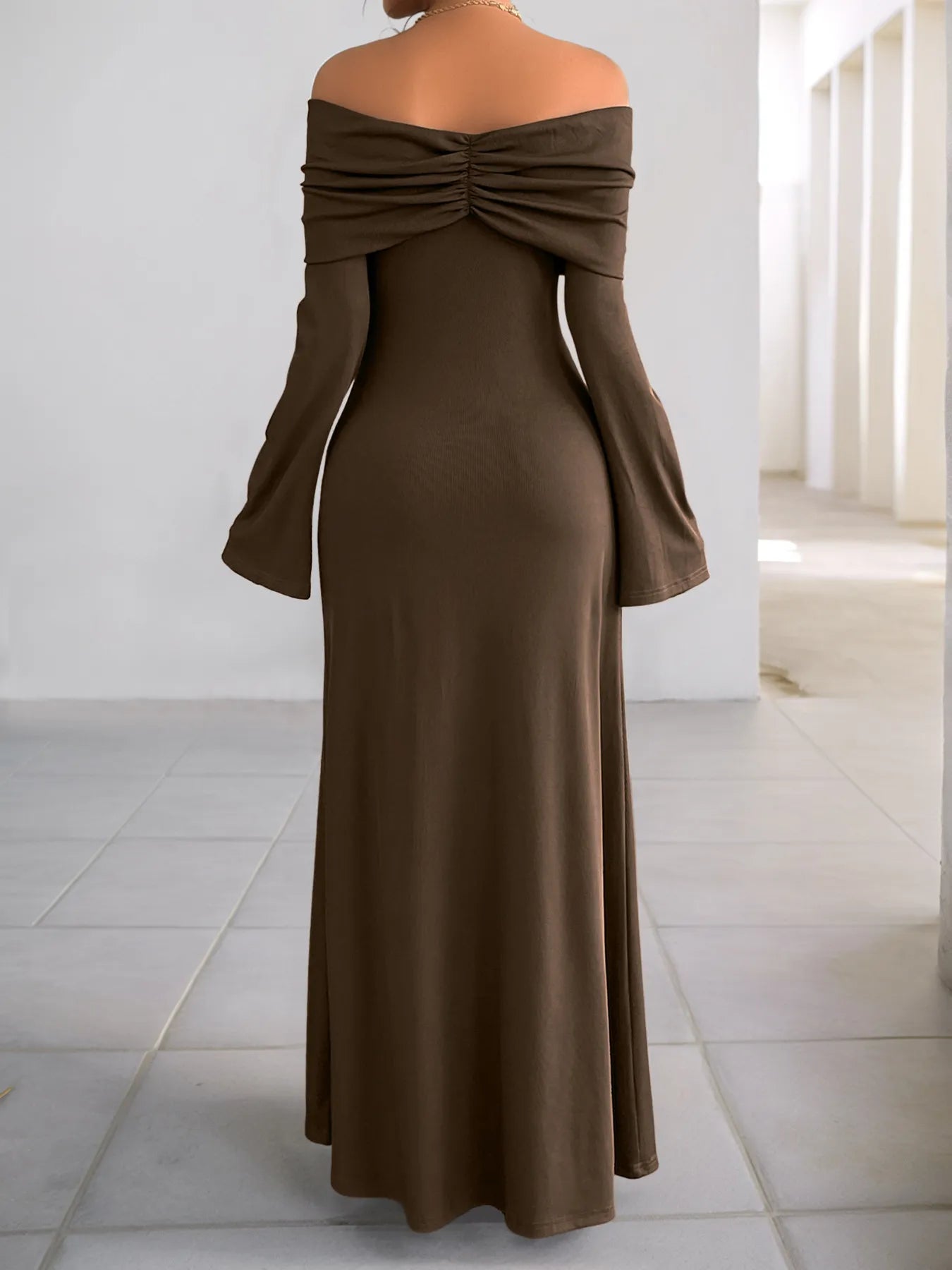 Off-Shoulder Long Sleeve Bodycon Maxi Dress.
