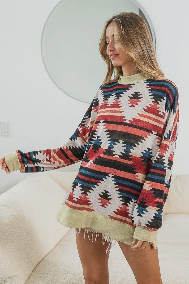Print Mirr Mock Neck Lslv Top THE ROYAL BOUTIQUE