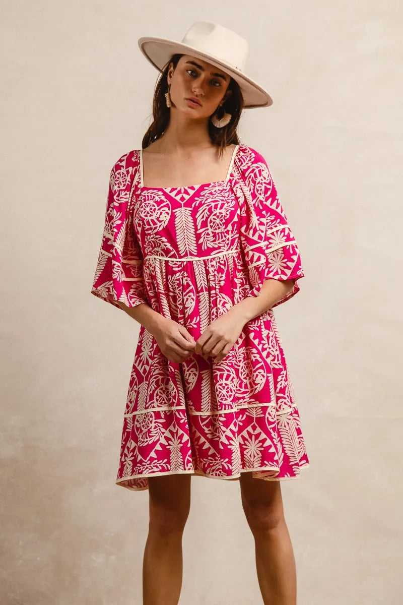 Woven Printed Contrast Binding Dress THE ROYAL BOUTIQUE