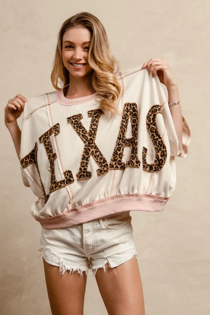 BiBi Leopard Print Texas Patchwork Overlock Stitch Top Trendsi