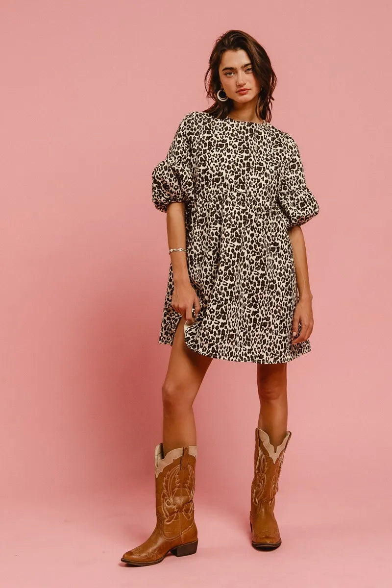 BiBi Leopard Denim Dress With Back Contrast Tie Detail Trendsi