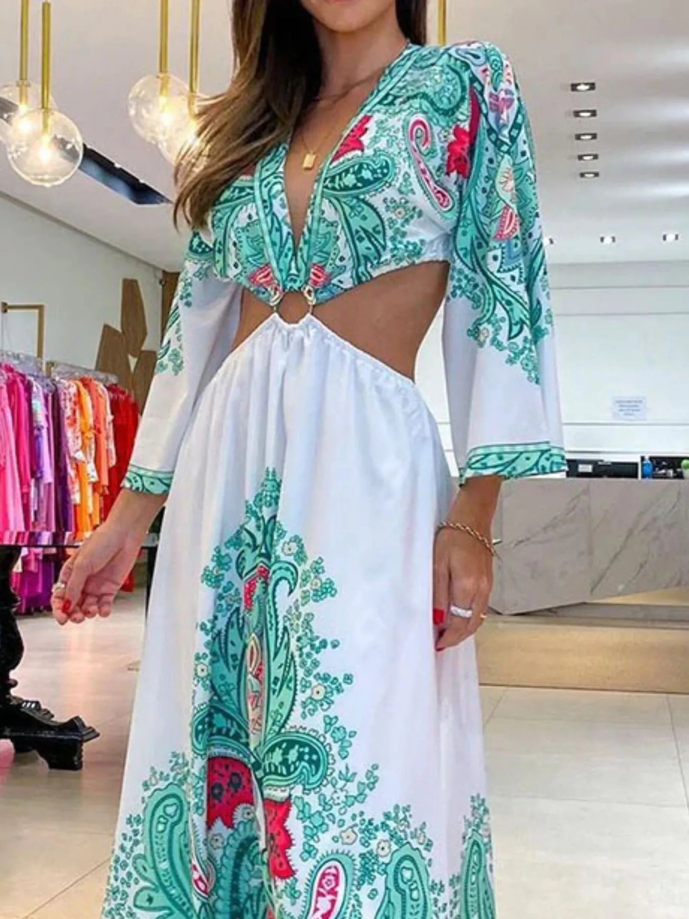 Paisley Print Cut-Out Maxi Dress.