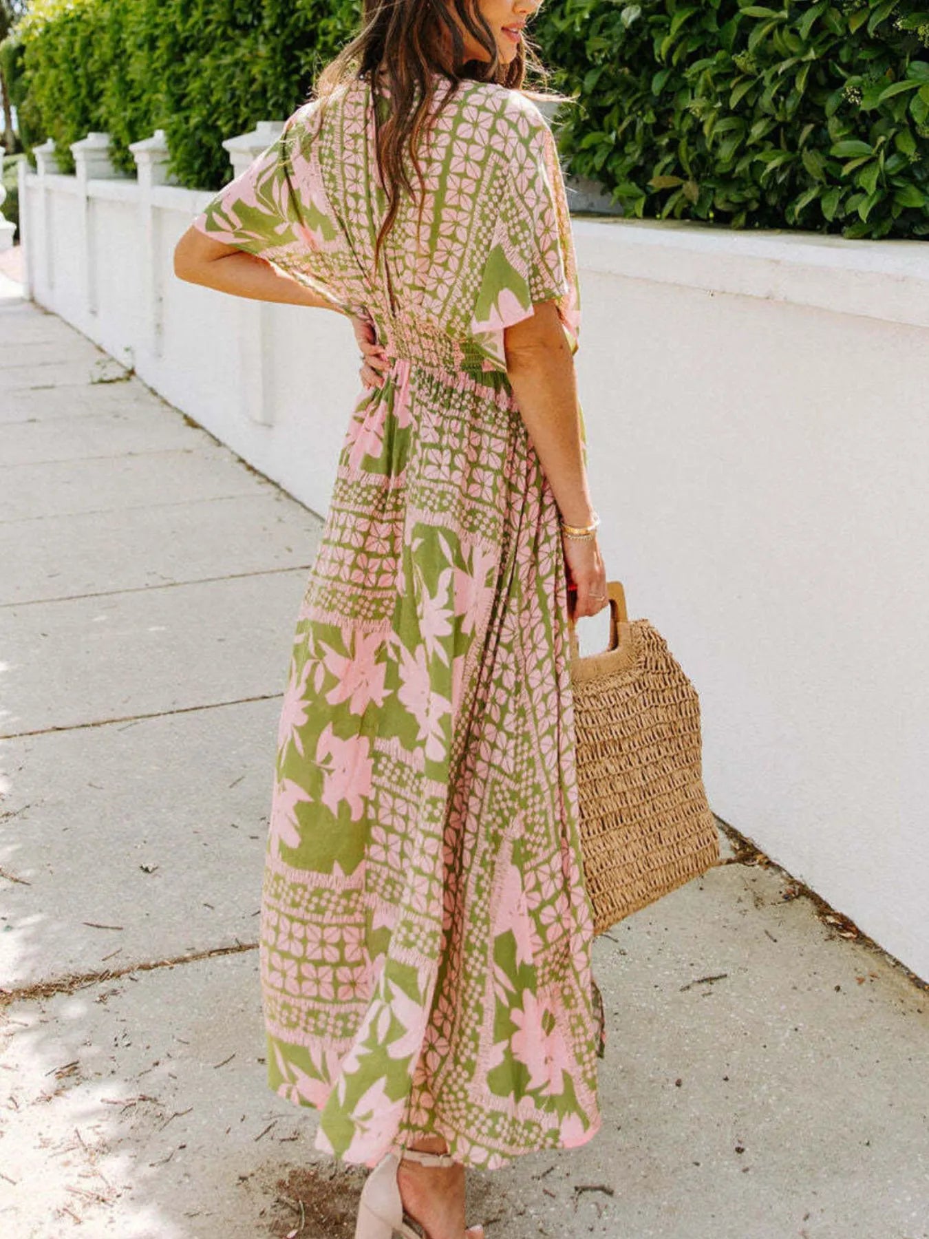 Floral Deep V-Neck Flutter Sleeves Dress.