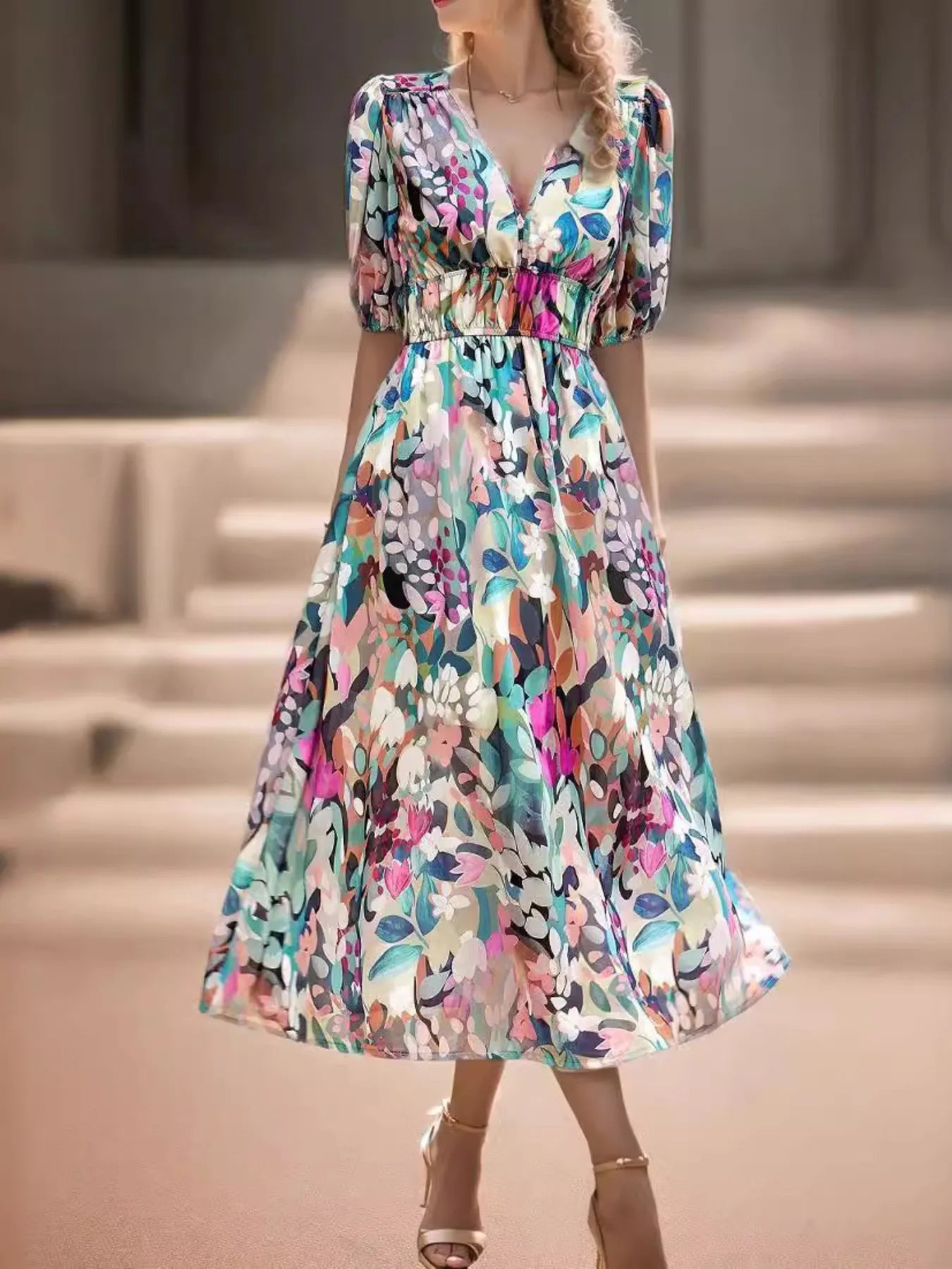 Printed Surplice Puff Sleeve Dress.