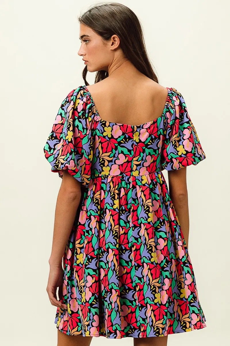 BiBi Floral Print Puff Square Neck Dress Trendsi