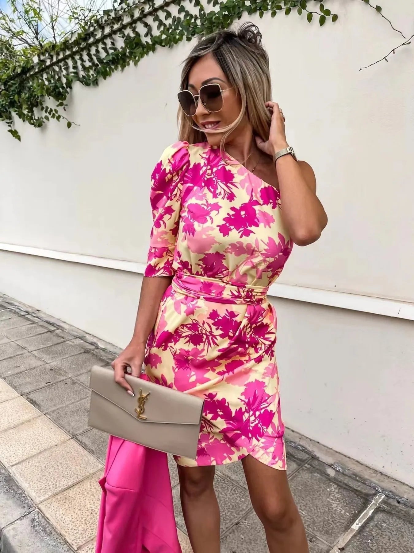 Printed One Shoulder Mini Dress.