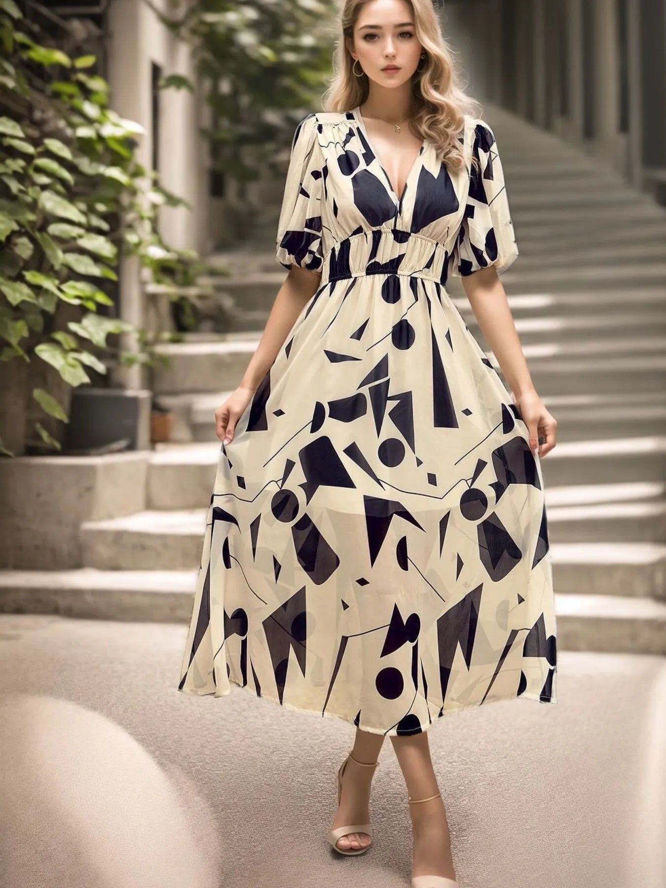 Printed Surplice Puff Sleeve Dress.