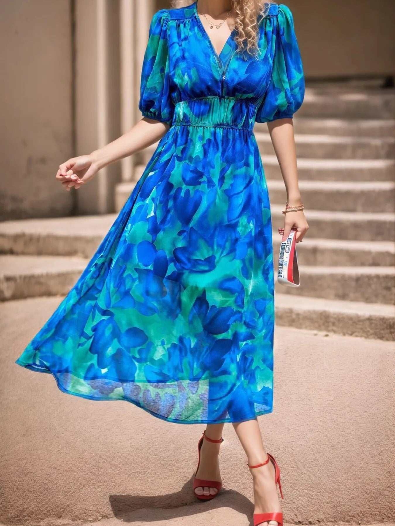 Printed Surplice Puff Sleeve Dress.