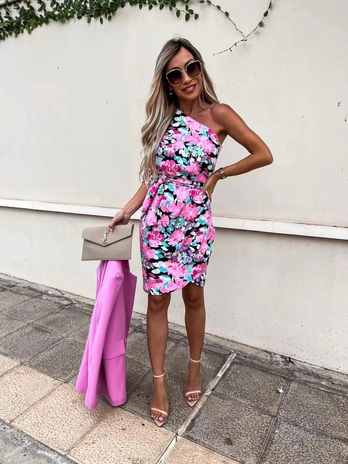 Printed One Shoulder Mini Dress.