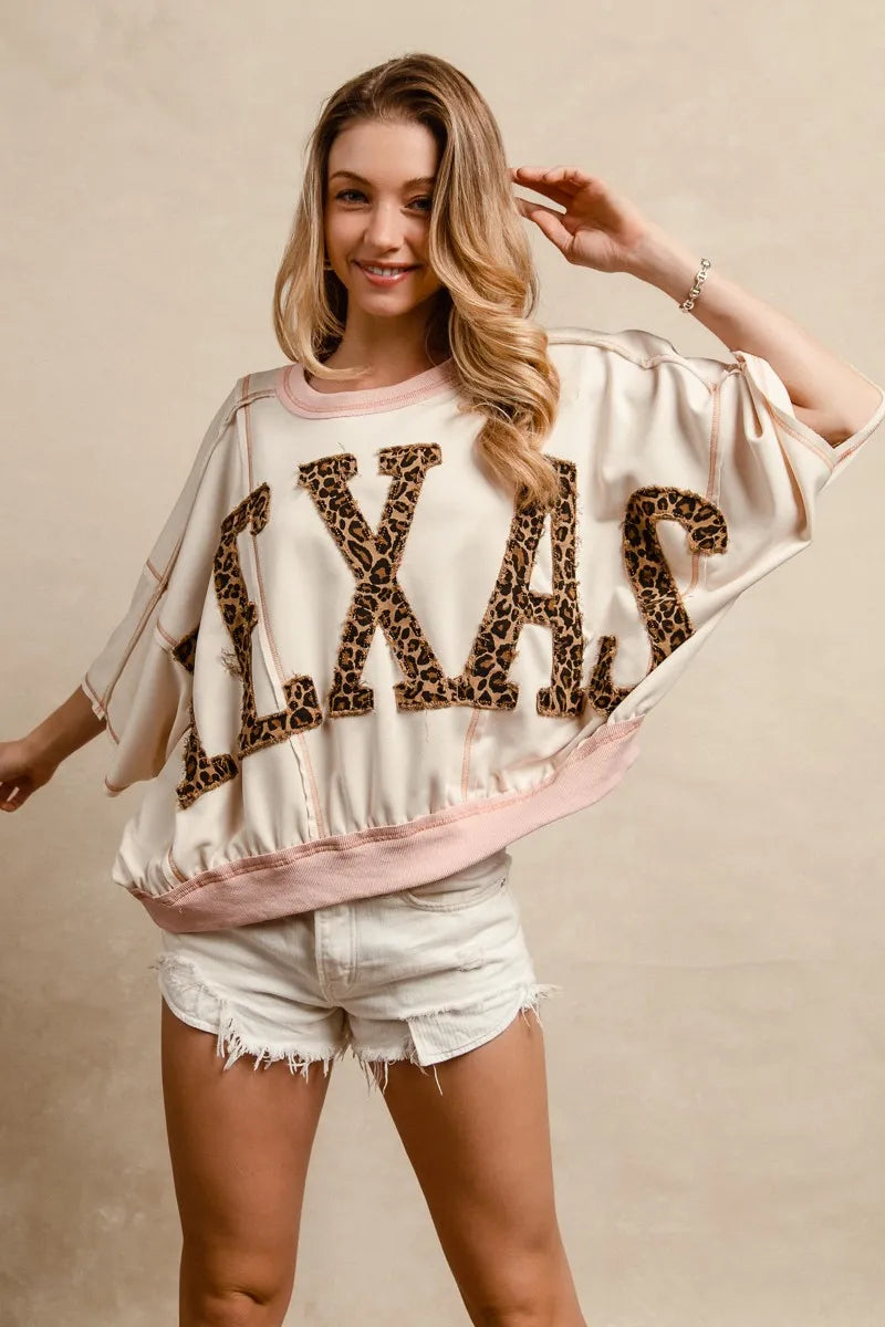 BiBi Leopard Print Texas Patchwork Overlock Stitch Top Trendsi