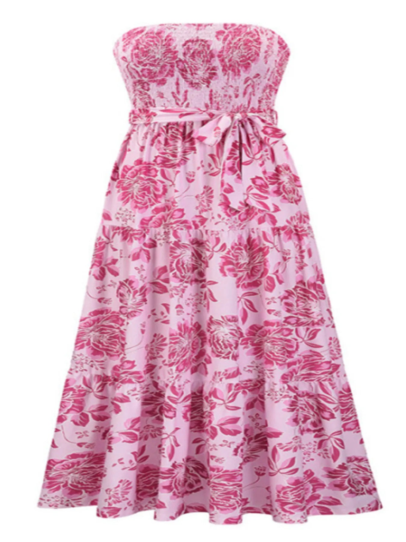 Floral Strapless Tiered Maxi Dress with Tie Belt.