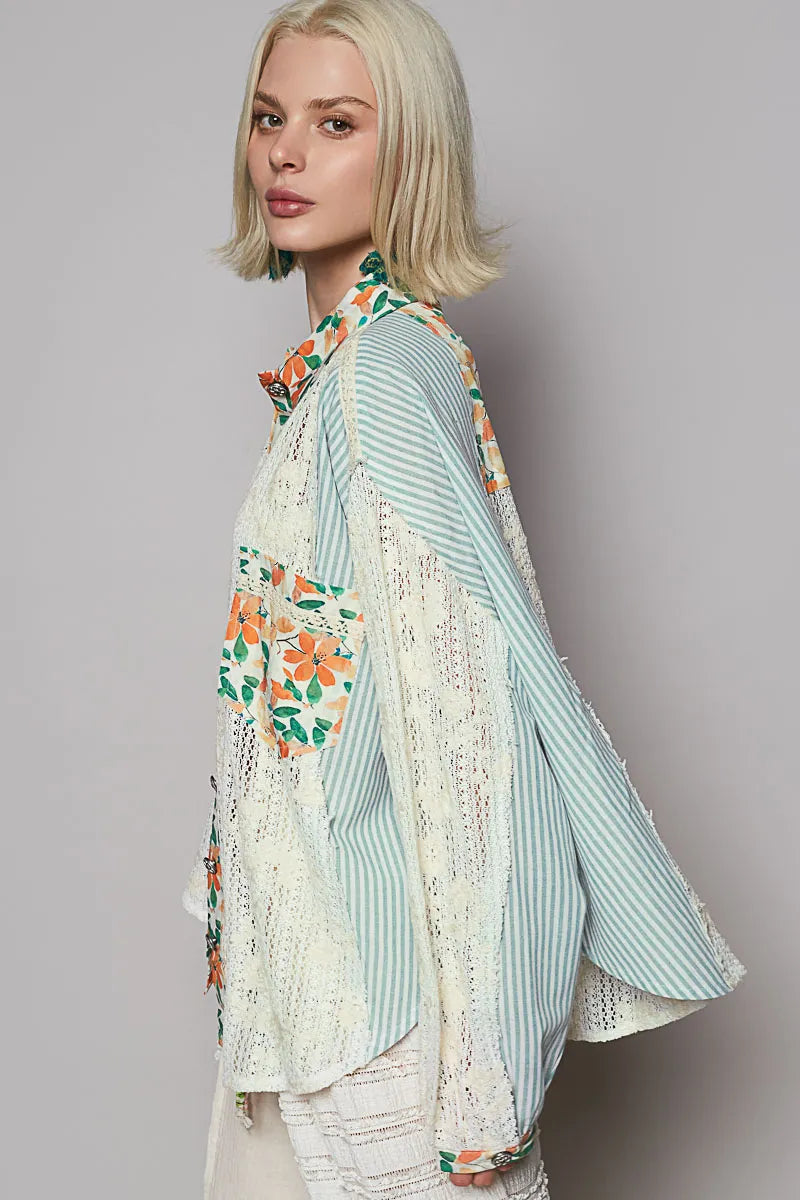 POL Lace Long Sleeve Shirt with Floral and Striped Pattern.