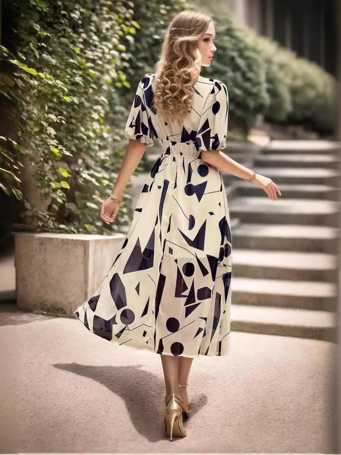 Printed Surplice Puff Sleeve Dress.