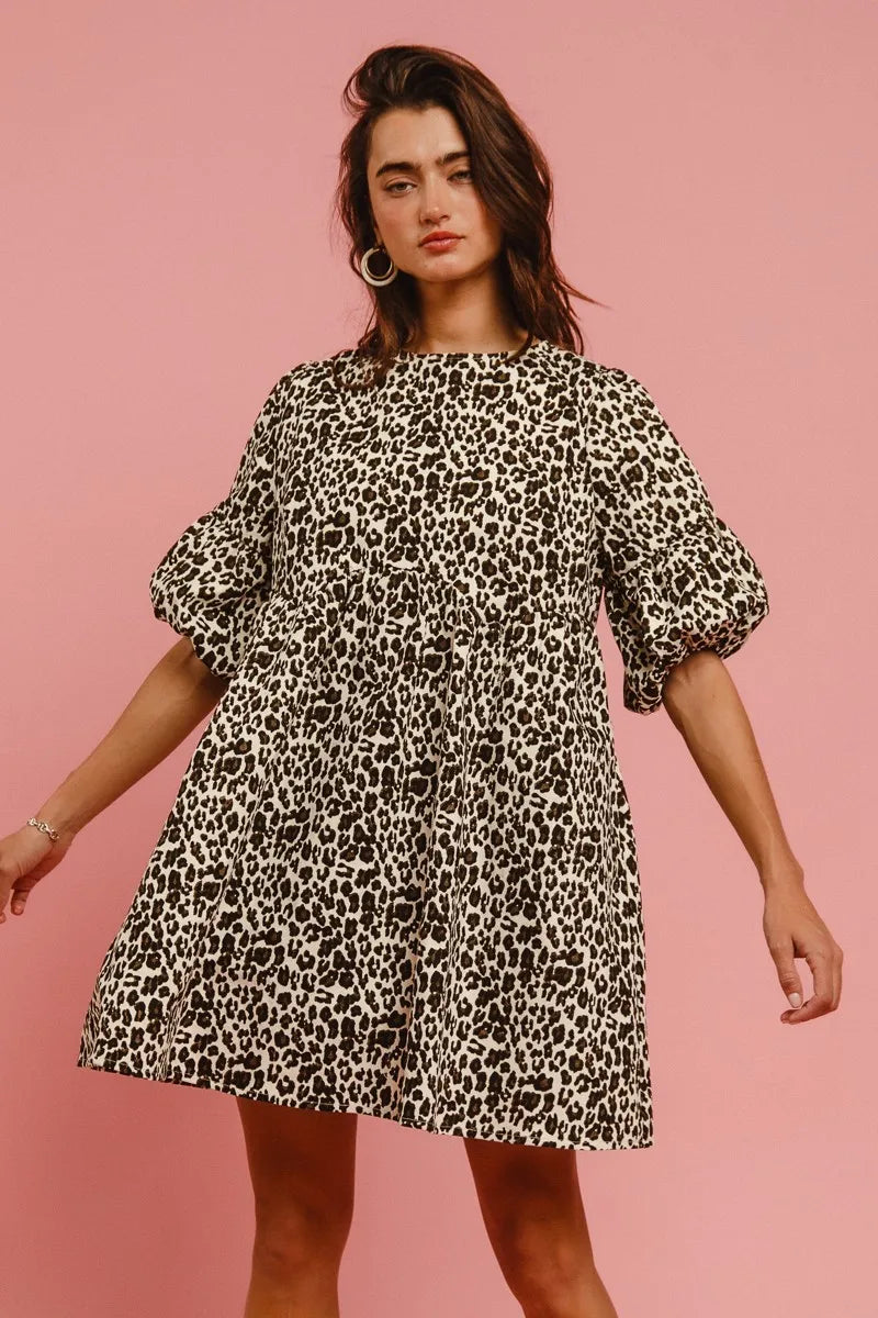 BiBi Leopard Denim Dress With Back Contrast Tie Detail Trendsi