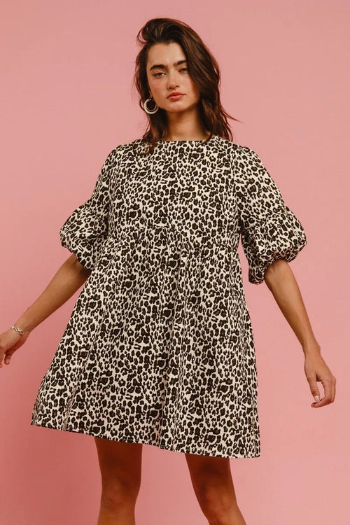 BiBi Leopard Denim Dress With Back Contrast Tie Detail Trendsi