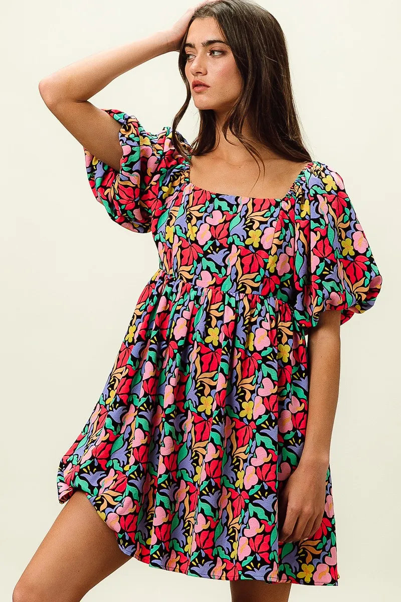 BiBi Floral Print Puff Square Neck Dress Trendsi