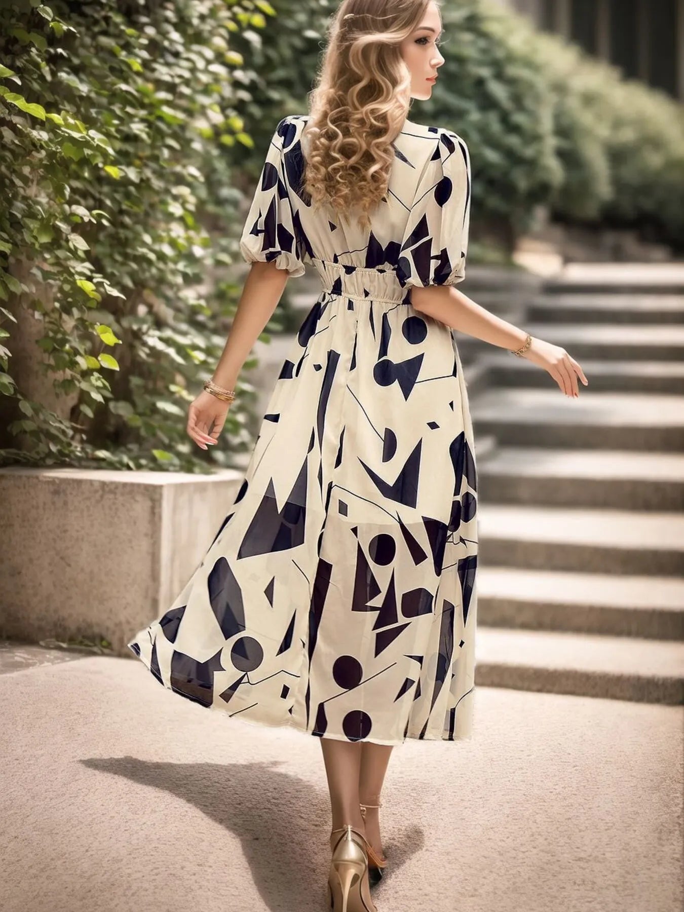 Printed Surplice Puff Sleeve Dress.